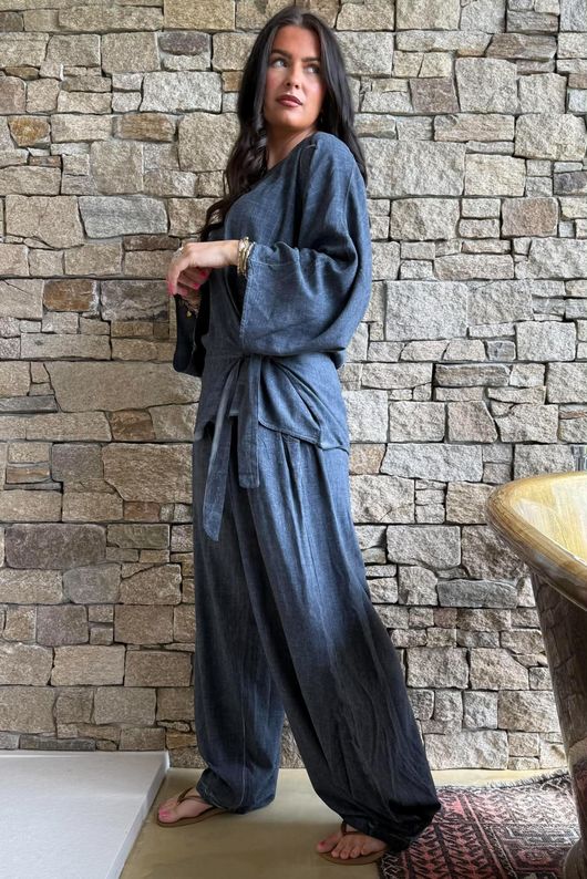 Lindin Linen Blend Kimono Top Washed Navy